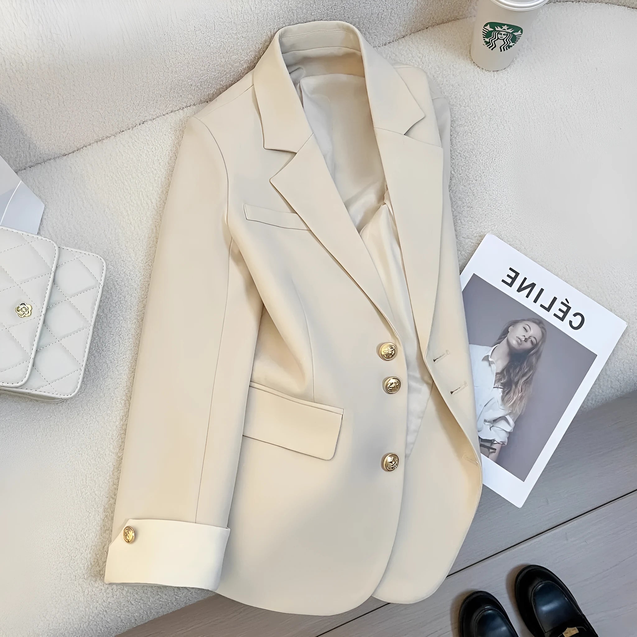 Korean style women's loose fit trench coat in milky white with pockets and regular long sleeves