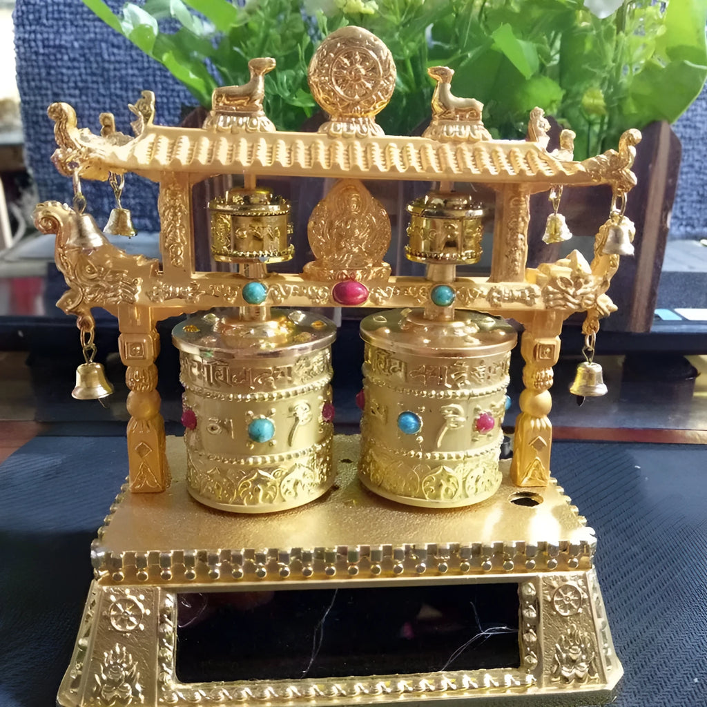 Silver alloy prayer wheel car decoration shaped like a licence plate with Chinese traditional style.
