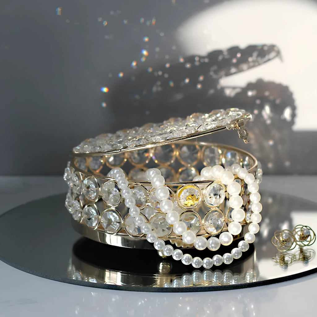 French gold metal jewellery box with transparent crystal glass panels showing jewellery inside