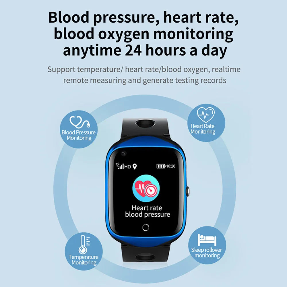 Intelligent positioning phone watch for elderly with square screen and silicone strap in black blue silver