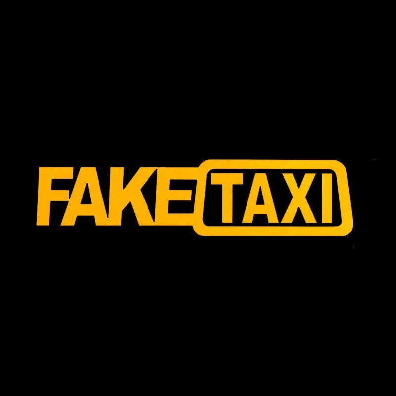 FAKE TAXI car warning sticker in black text on a white background, showing 20x8cm dimensions.
