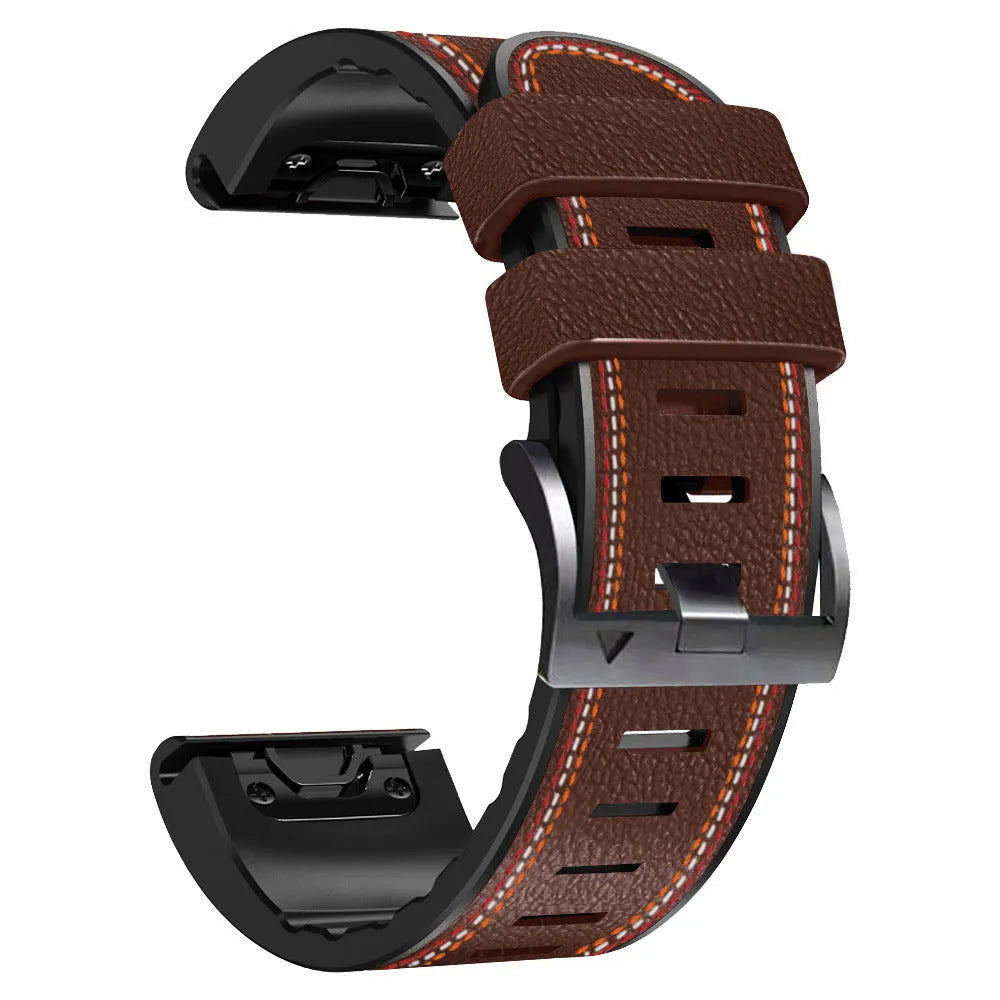 Silicone leather quick release watchband for Garmin Fenix smartwatches in black, brown, light brown, and white colours