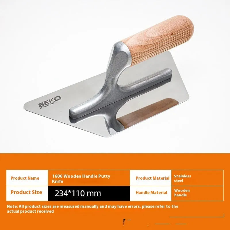Stainless steel putty scraper with wooden handle in three blade size options
