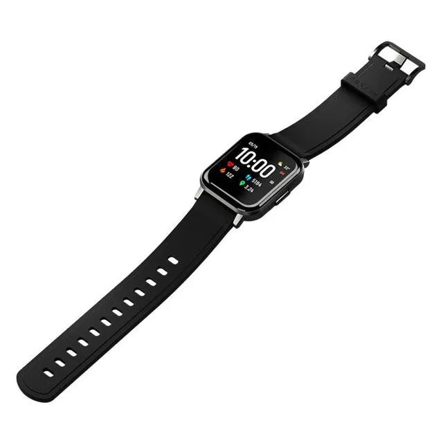 Black waterproof smart bracelet with 1.4 inch screen and silicone strap showing heart rate data