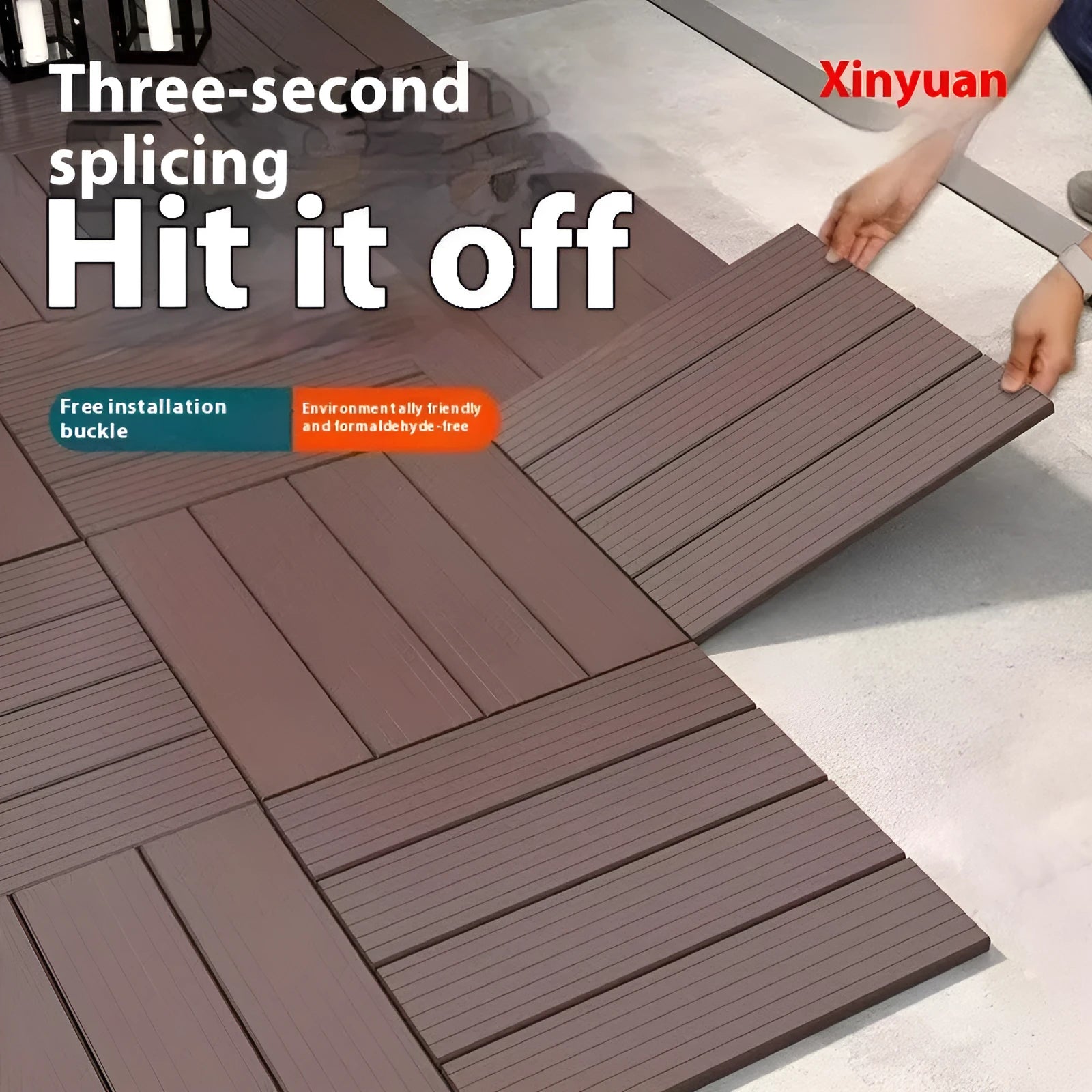 Pack of 10 wood grain style plastic interlocking floor tiles showing non-slip texture