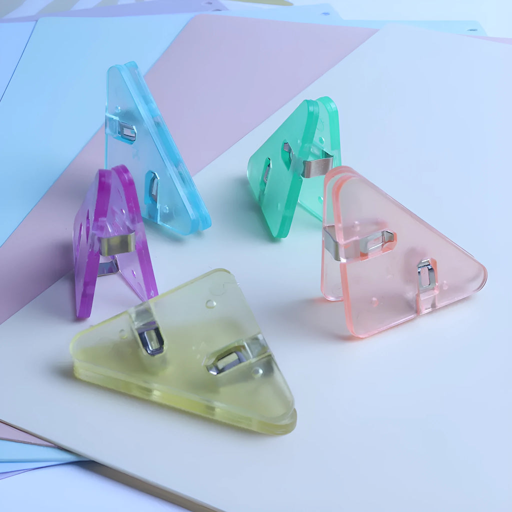 Plastic corner clip for student file storage and paper organisation in ice crystal yellow, smoothie blue and solid colours