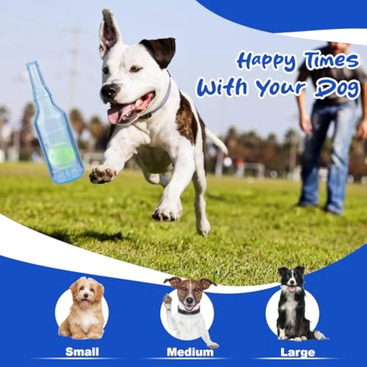 Blue natural rubber dog water bottle toy with squeaker, for aggressive chewers and water play