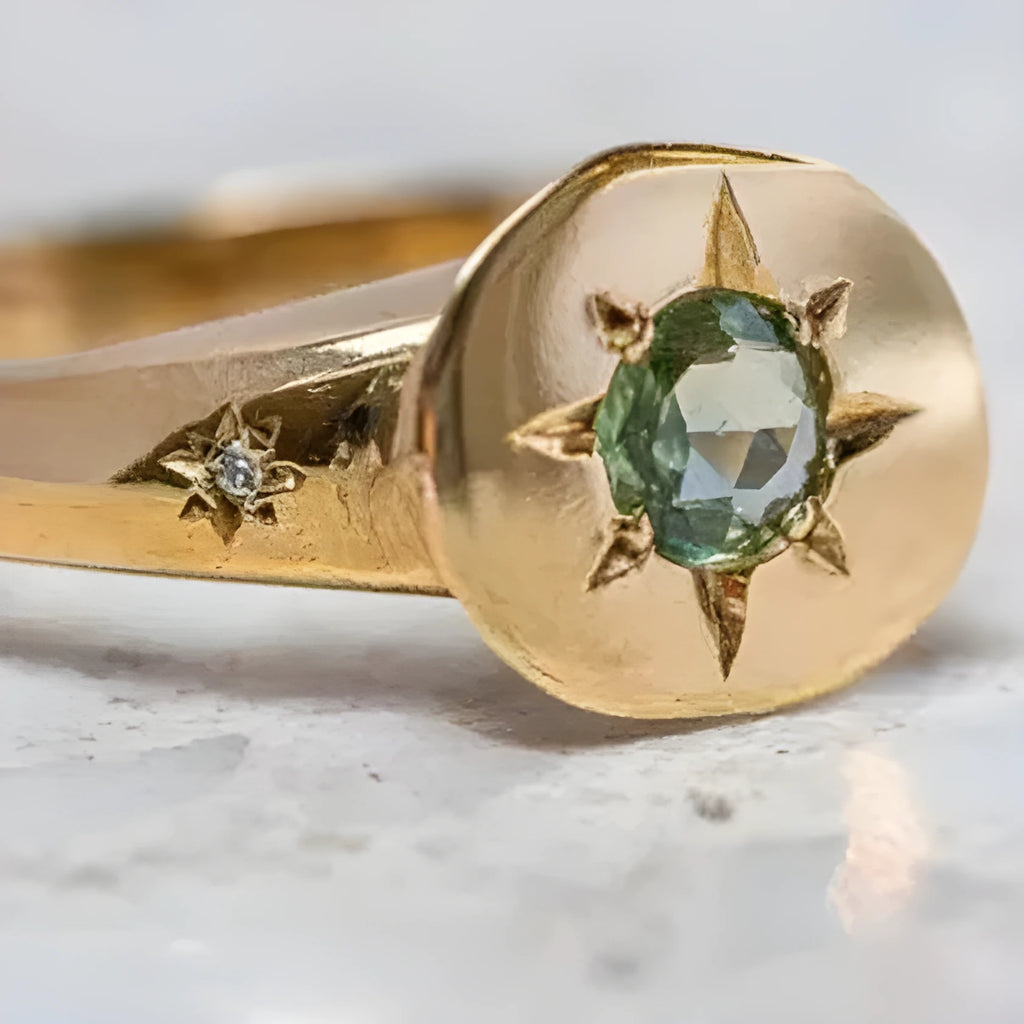 Golden adjustable ring with oval asterism zircon design and star-shaped micro inlay pattern