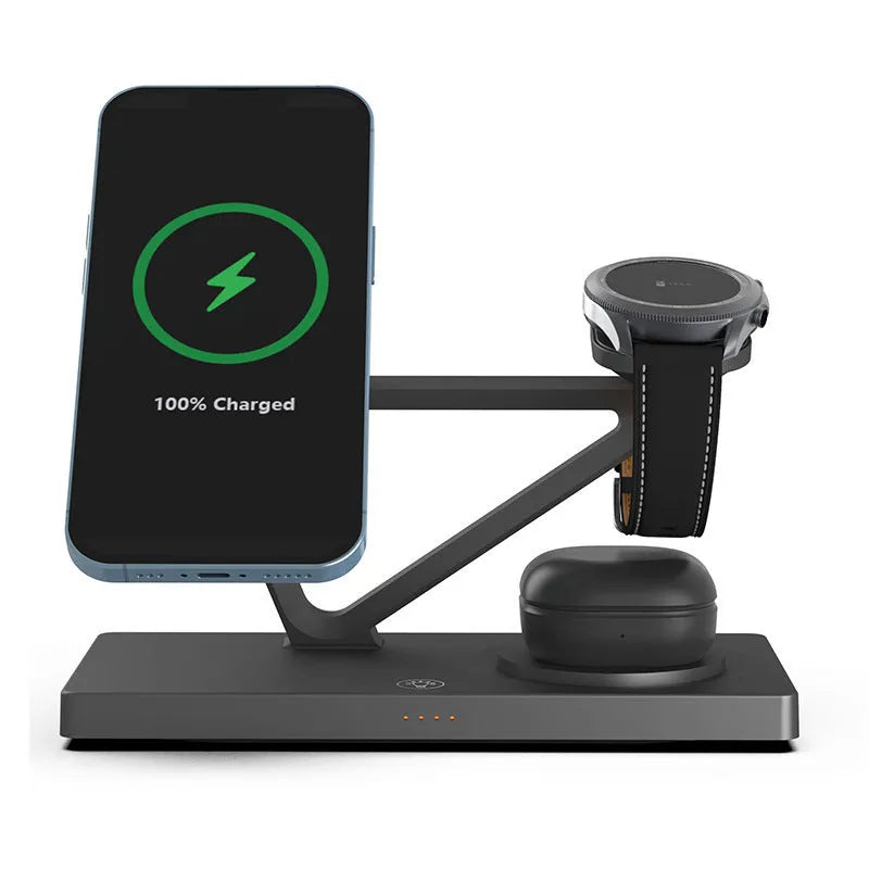 Five-in-one bedside wireless charger with magnetic phone bracket, watch charging spot, headphone charging and LED night light