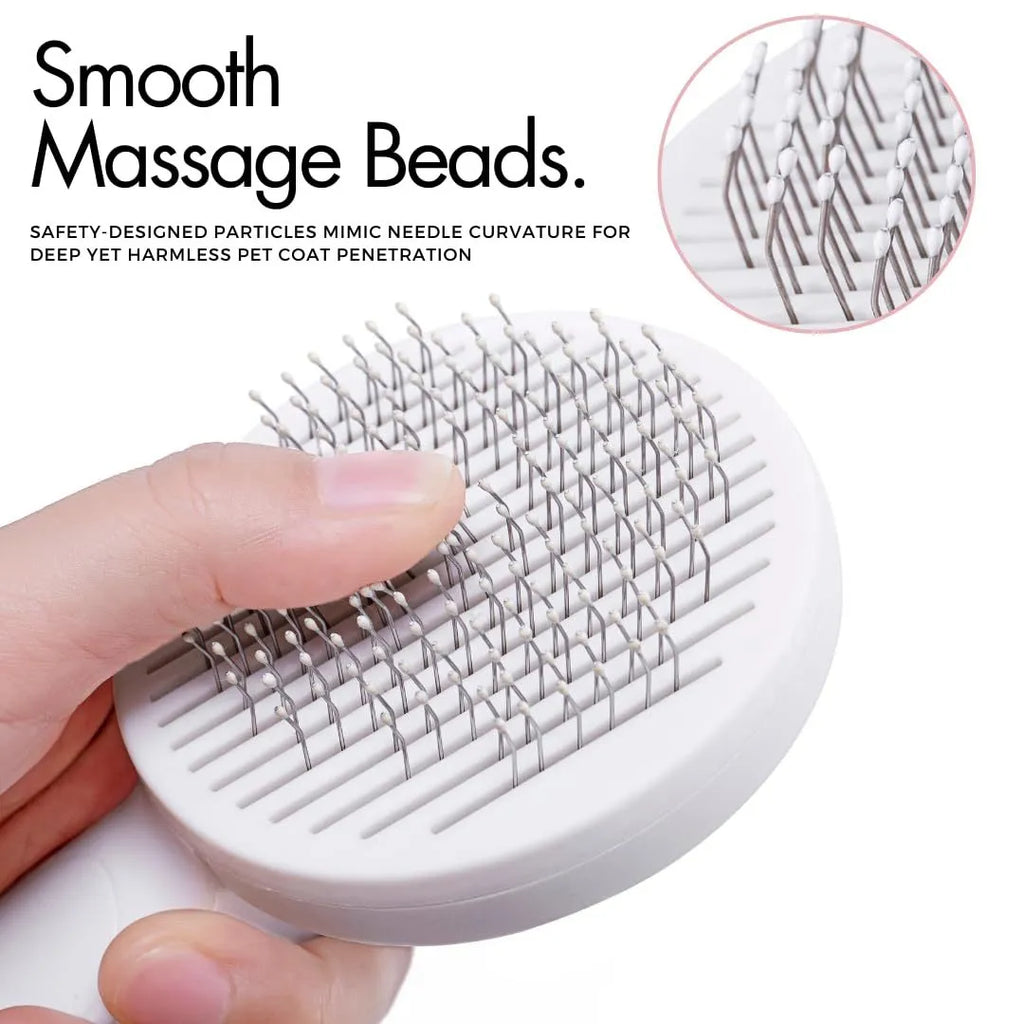 Blue self-cleaning slicker brush for dogs and cats on a wooden surface