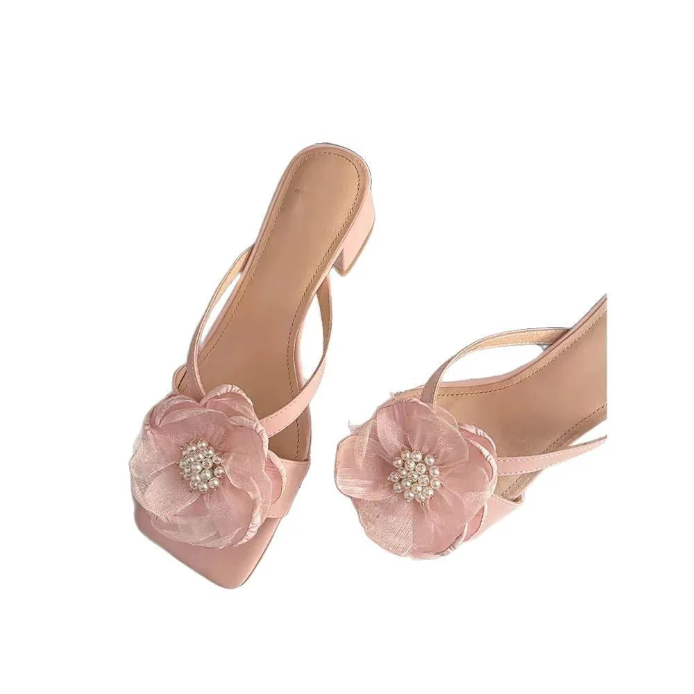 Women's square toe sandals with satin upper, floral chunky heel, in cream-white colour.