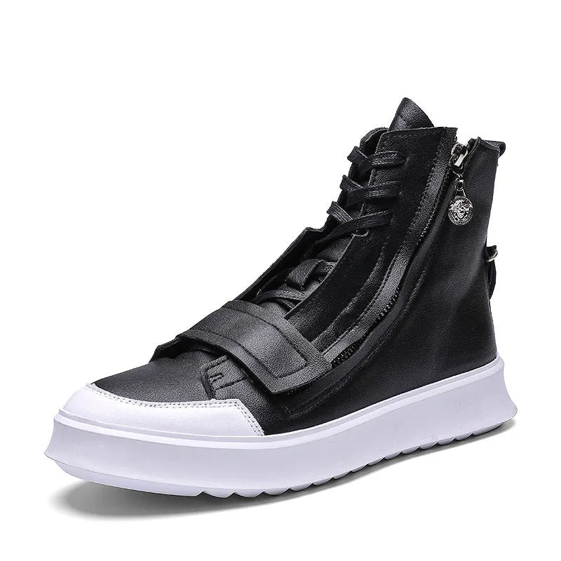 Men's black and white PU leather winter ankle boots with high-top sneaker styling showing size range 38-43