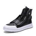 Men's black and white PU leather winter ankle boots with high-top sneaker styling showing size range 38-43