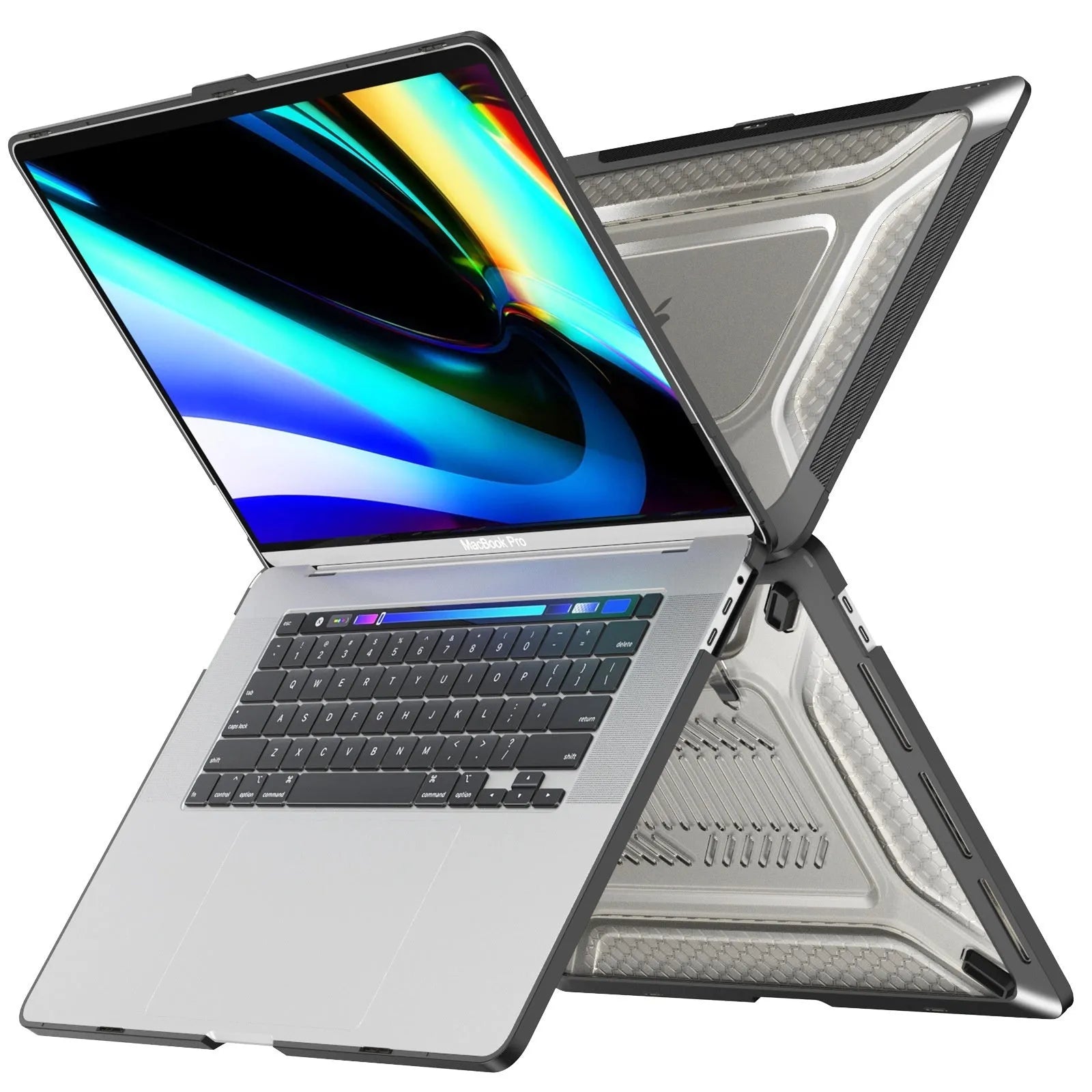 MacBook protective hard shell case in cold black, starry sky grey, elegant apricot, and sapphire blue colours.