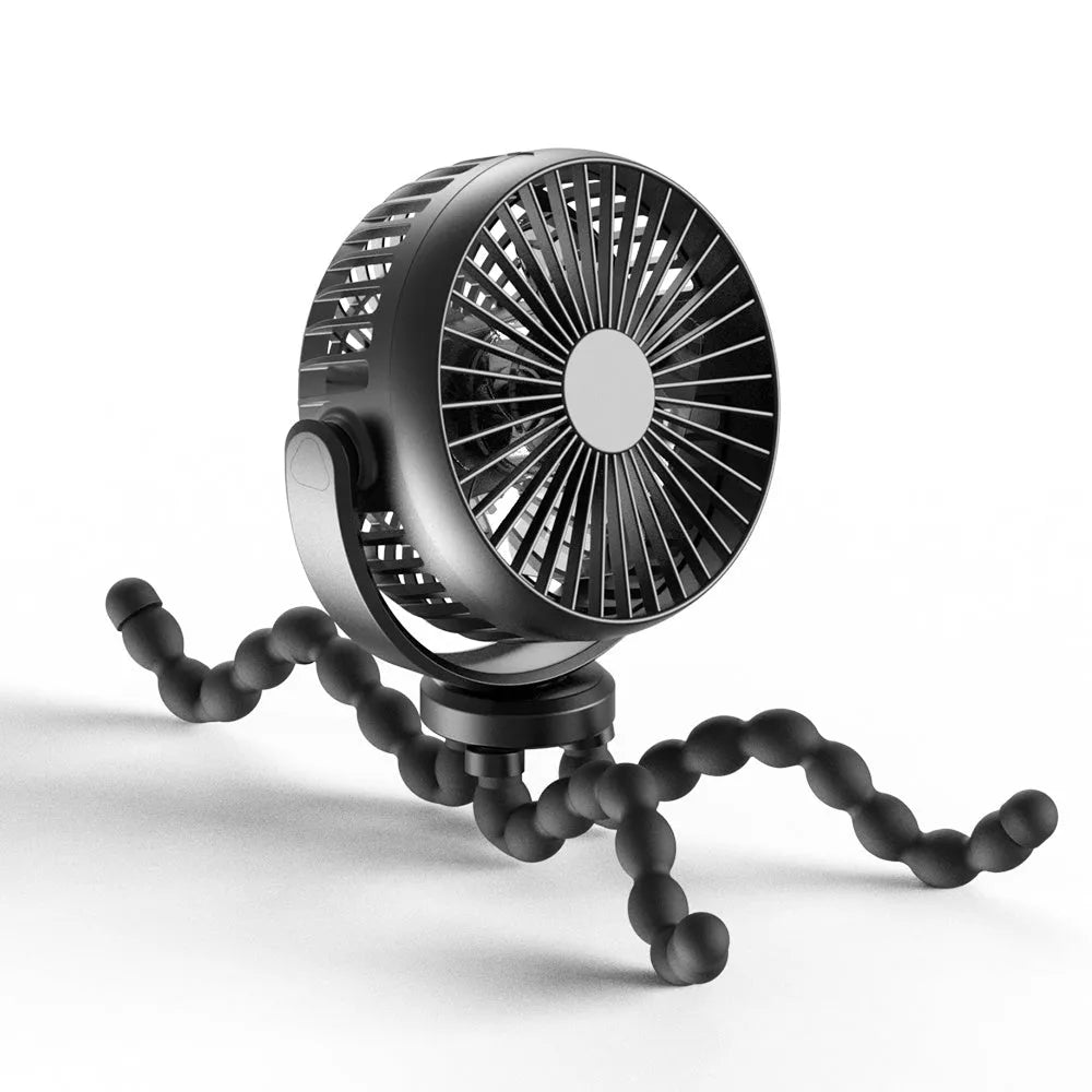 HOMEFISH F2 automatic shake head fan with LED light and removable bracket mounted on a pram