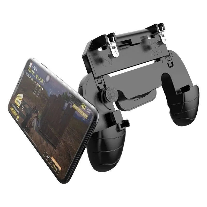 Multifunctional mobile game handle for smartphones in black, blue, or white with universal clip.