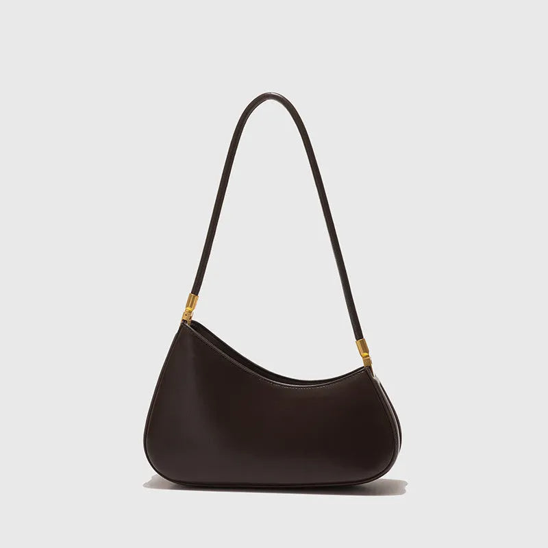 Brown PU leather oval underarm bag with single shoulder strap and sandwich pocket design