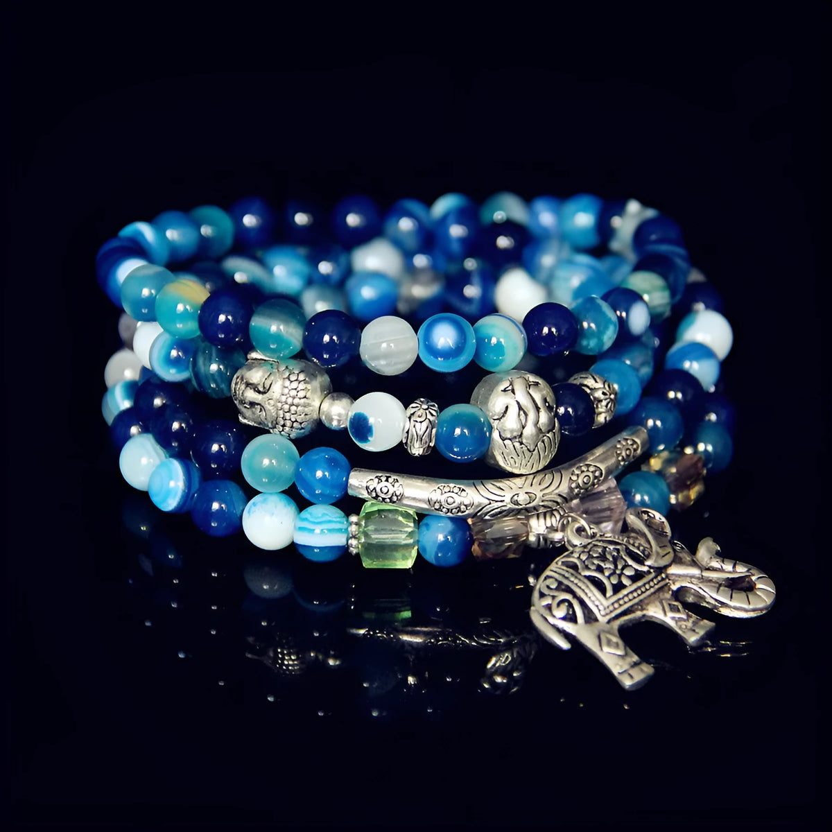 Multi-layer agate bracelet with 6mm beads in blue elephant, green, purple, or red elephant colour options for women