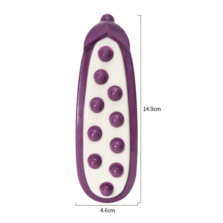 Green and purple TPE dog chew toys in large and small sizes with meat scent
