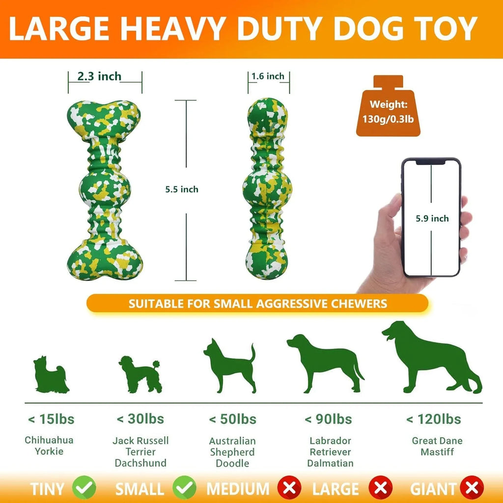 Organic natural rubber dog chew toy in camouflage pattern for aggressive chewers, showing two size options