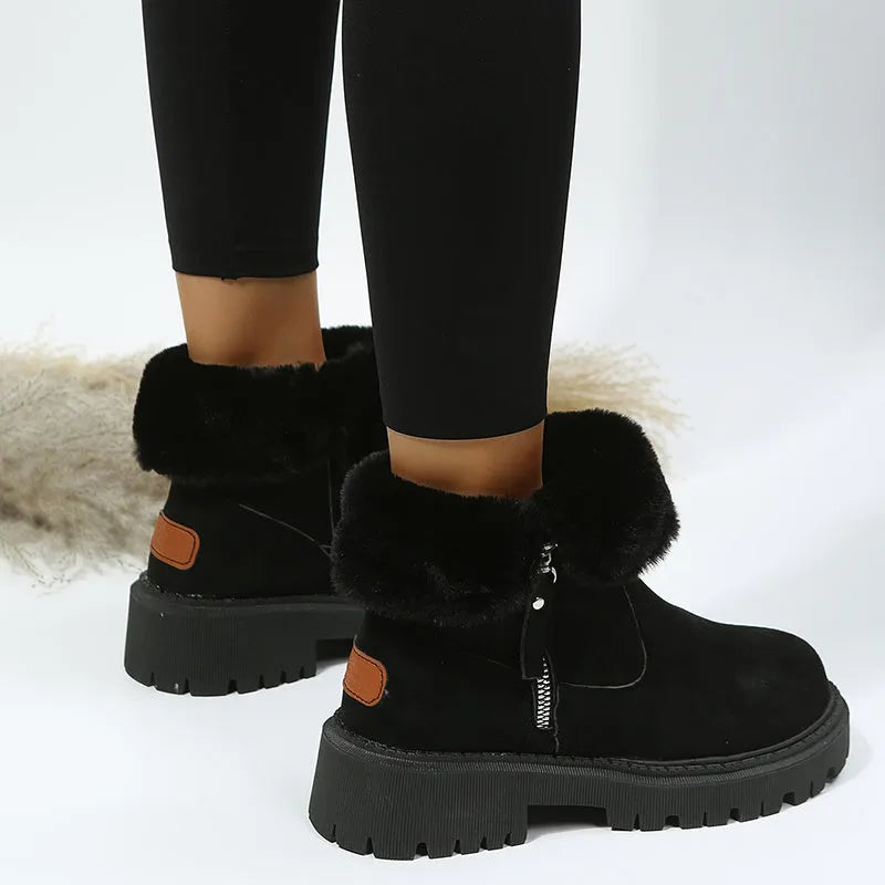 Women's black high-top snow boots with side zipper and faux fur lining shown alongside khaki colour option