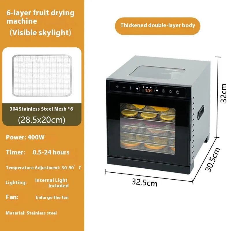 Stainless steel fruit dehydrator with visual skylight window showing drying trays inside