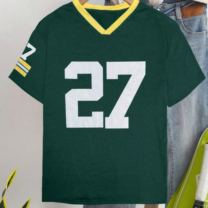 Loose fit cotton t-shirt with digital printed letter pattern in red or green