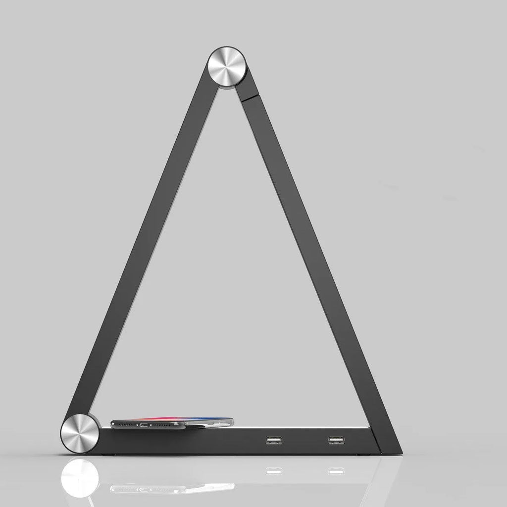 LED triangle desk lamp with wireless charging pad and USB port, 93 CRI, touch dimming, black colour