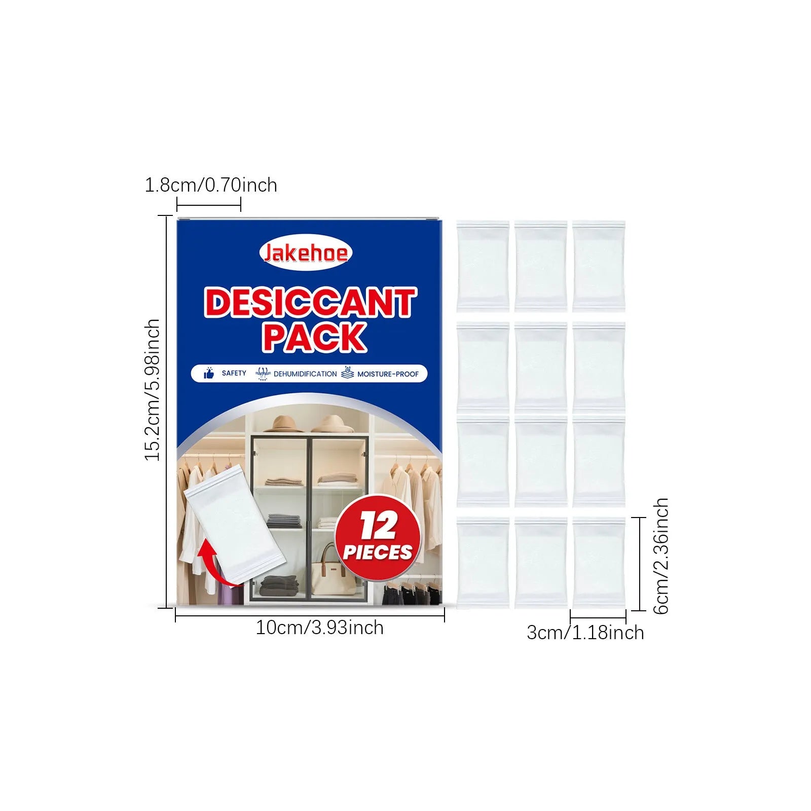 Pack of 12 white calcium chloride desiccant bags for household moisture absorption.