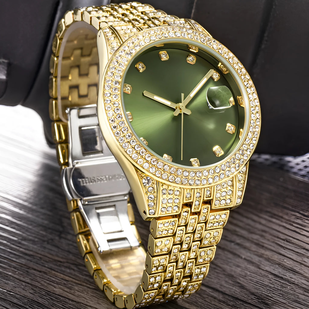 Men's quartz watch with calendar function, alloy case, 10mm thickness, multiple colour options including gold and green