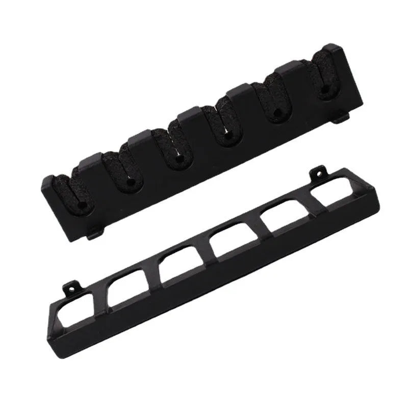 Black ABS plastic wall-mounted fishing rod holder in horizontal and upright mounting styles