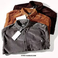 Men's caramel corduroy Japanese style loose cardigan shirt on hanger