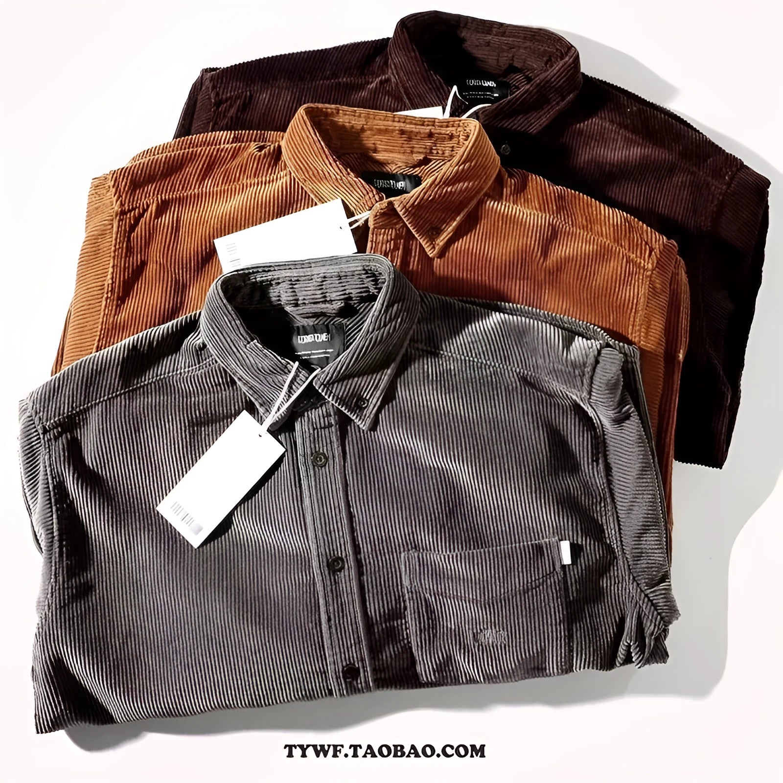 Men's caramel corduroy Japanese style loose cardigan shirt on hanger