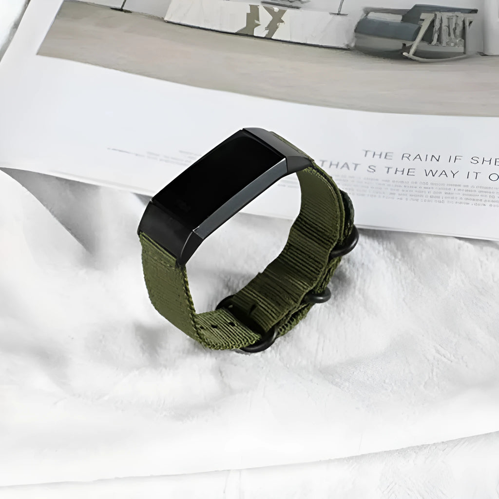 Fitbit Charge nylon replacement strap with three-ring buckle in multiple colour options.