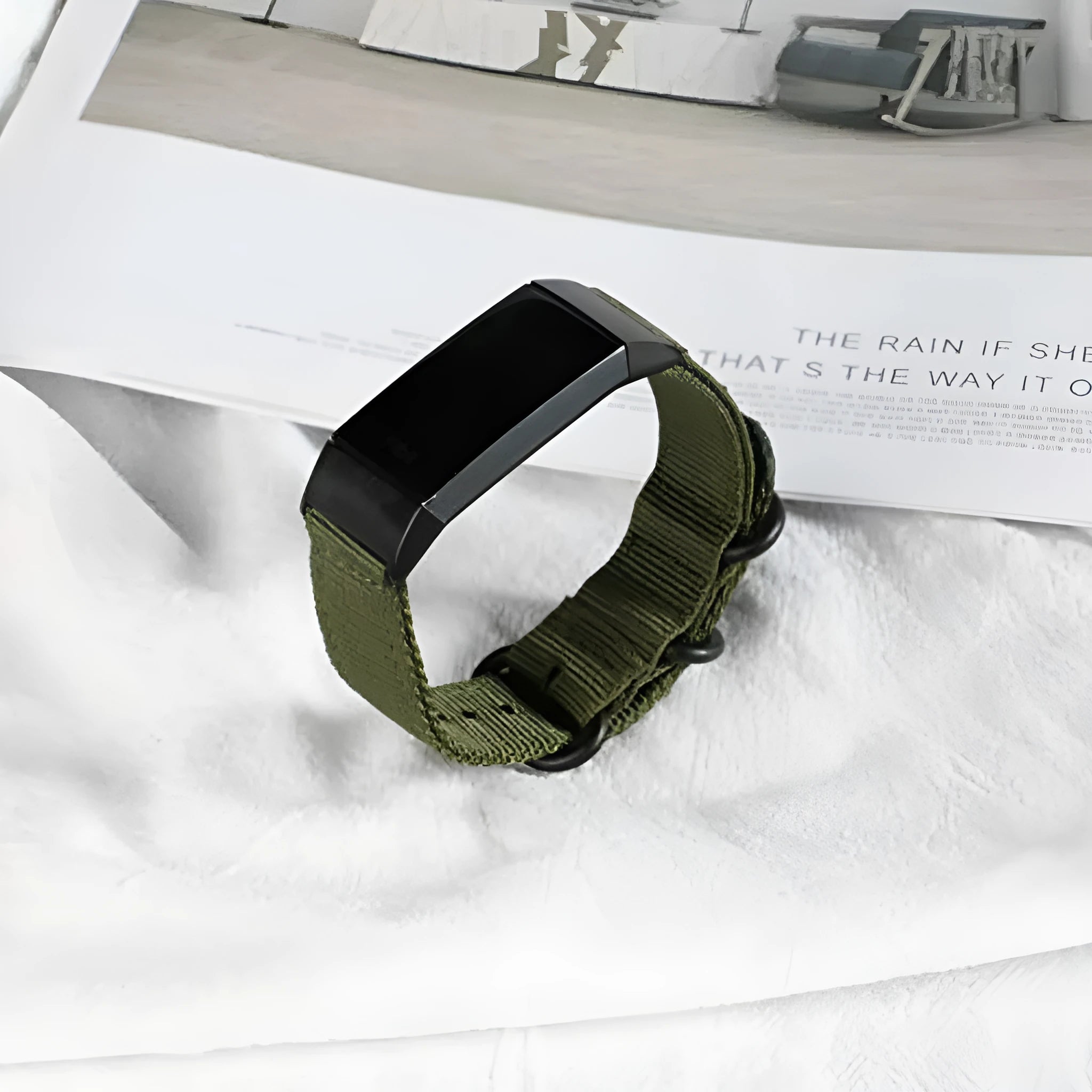 Fitbit Charge nylon replacement strap with three-ring buckle in multiple colour options.