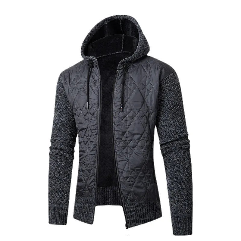 Men's grey hooded corduroy sweater coat with a cinched waist, shown on a hanger.
