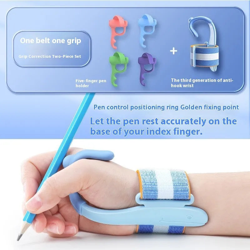 Blue and pink anti-hook pen holder corrector for writing posture training