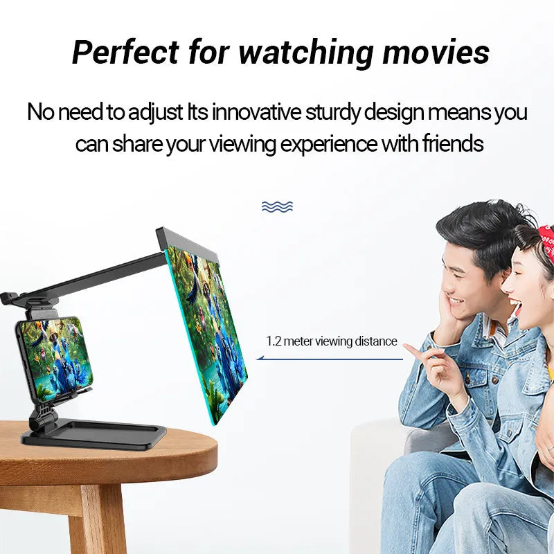 Black 12-inch curved mobile phone screen amplifier with detachable holder, shown folded and unfolded.