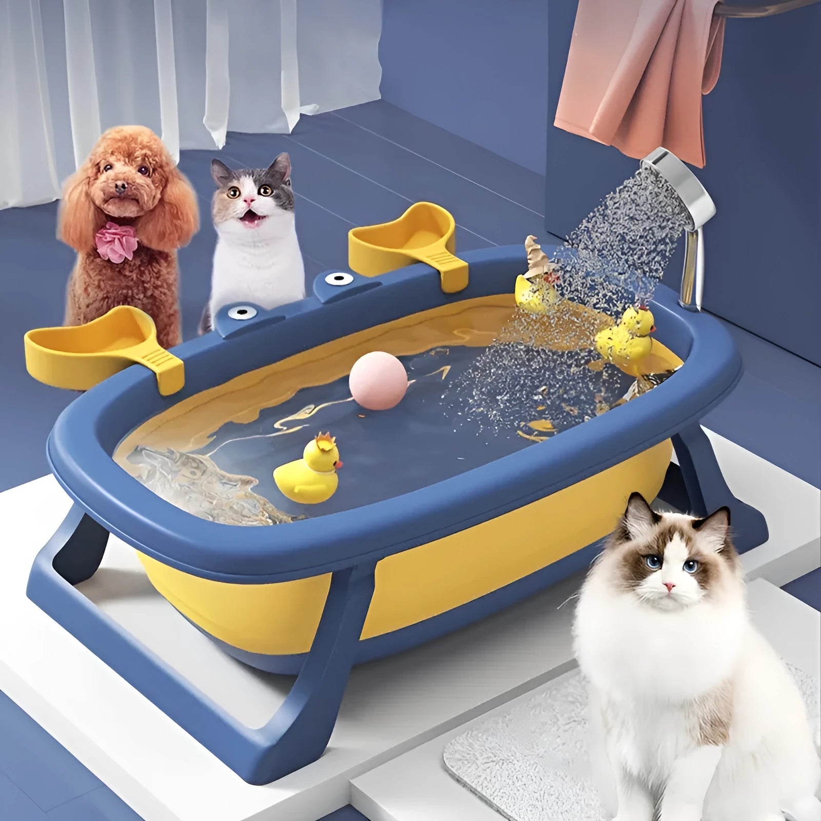 Blue foldable portable pet tub suitable for a small dog or cat.