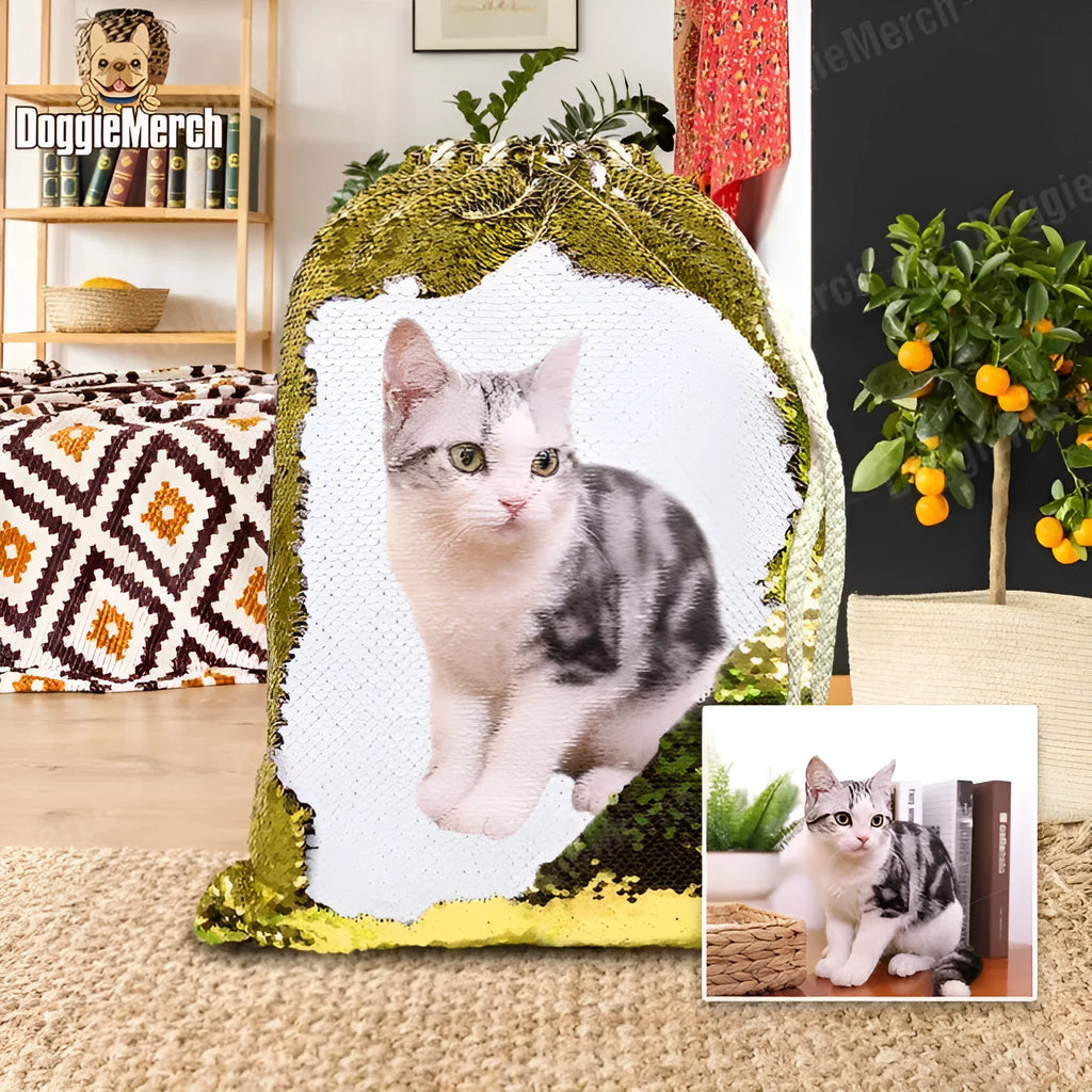 Custom purple sequins backpack featuring a dog's photograph with drawstring closure