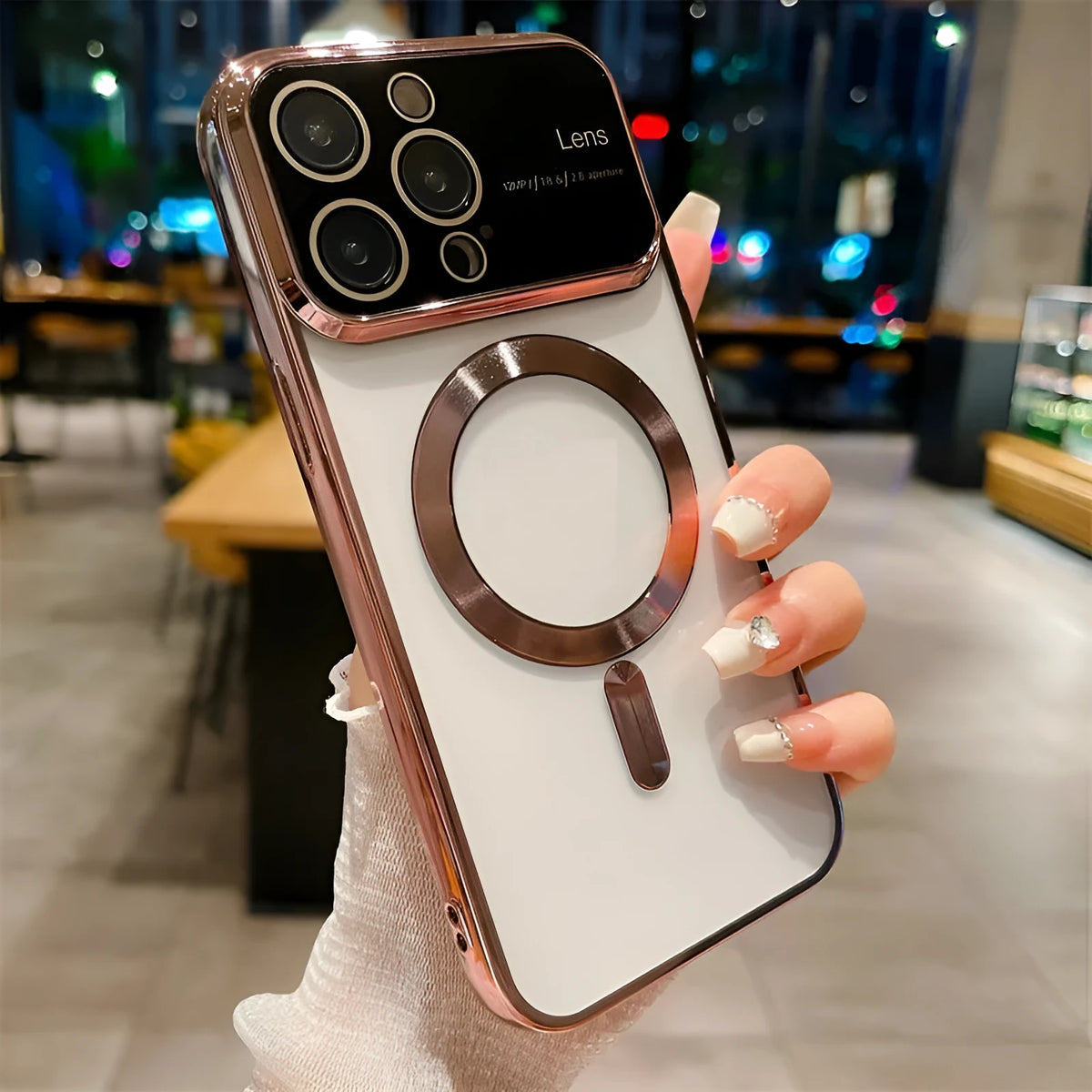Electroplating magnetic transparent iPhone case with large window, TPU shockproof cover in dark purple