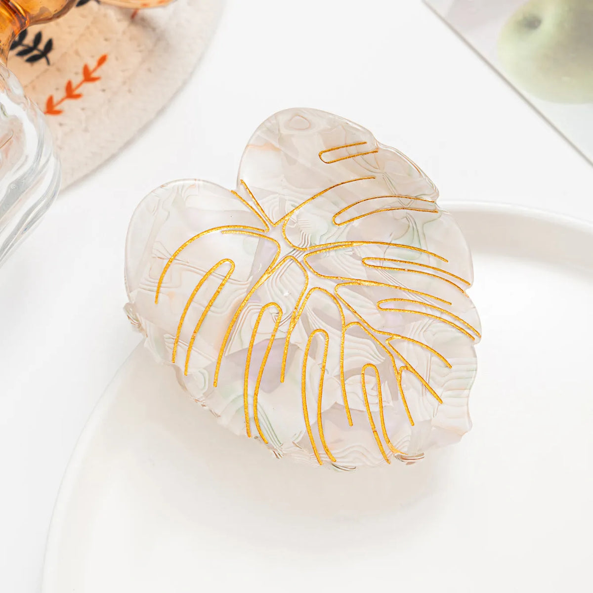 Mori style PVC hair clip with printed leaves pattern 8cm length green colour