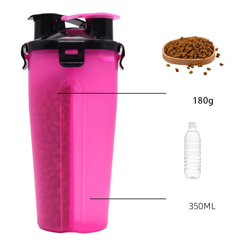 White portable pet water and food cup with bowl attachment on grass.
