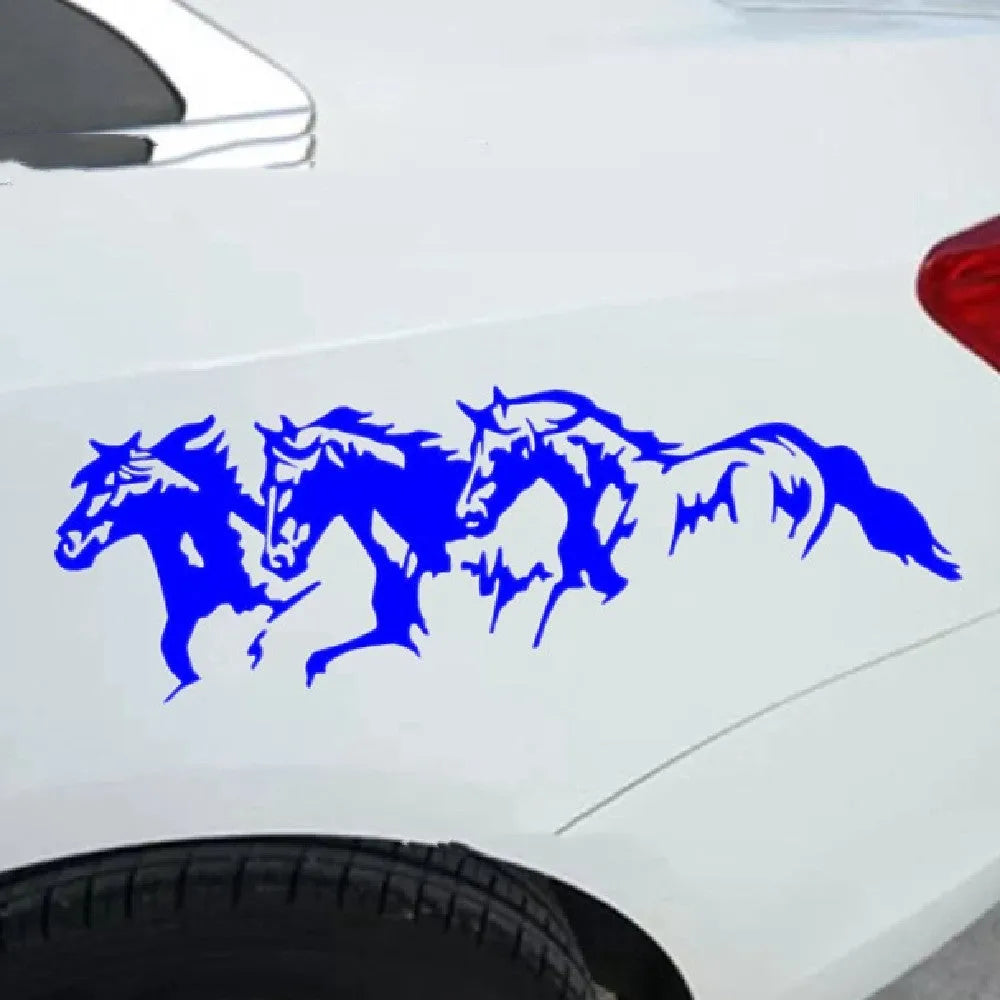 Black, white, red and blue steed horse design car body sticker measuring 25 by 8 cm.
