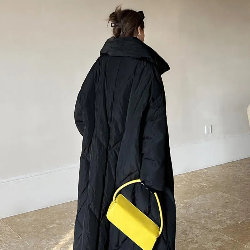 Women's mid-length winter coat in black or grey, loose Korean style zip jacket with conventional sleeves