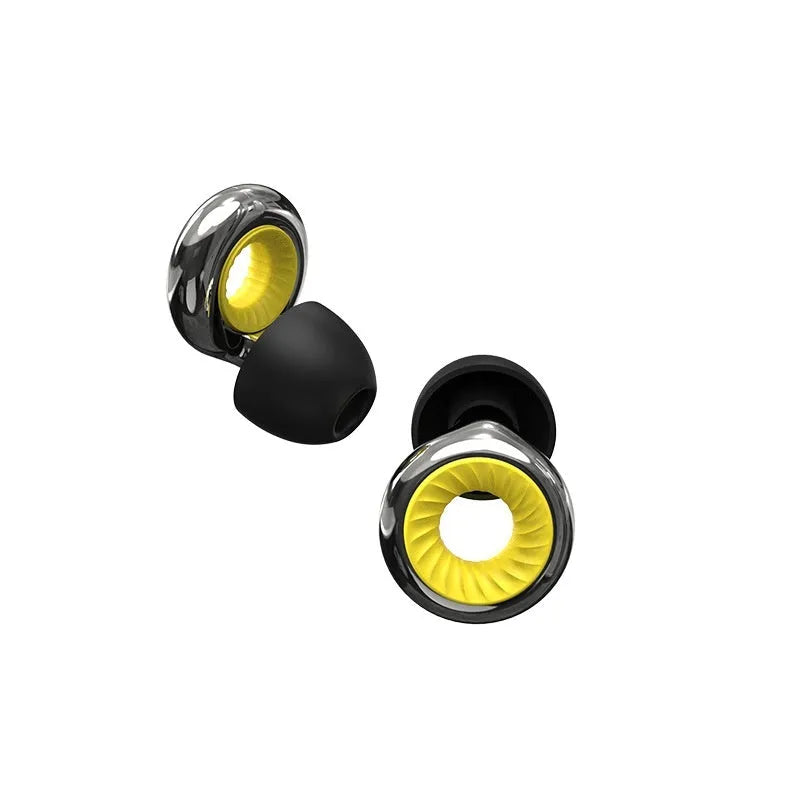 Set of coloured silicone sleep earplugs in gold, silver, purple, rose gold, and transparent with a black storage box.