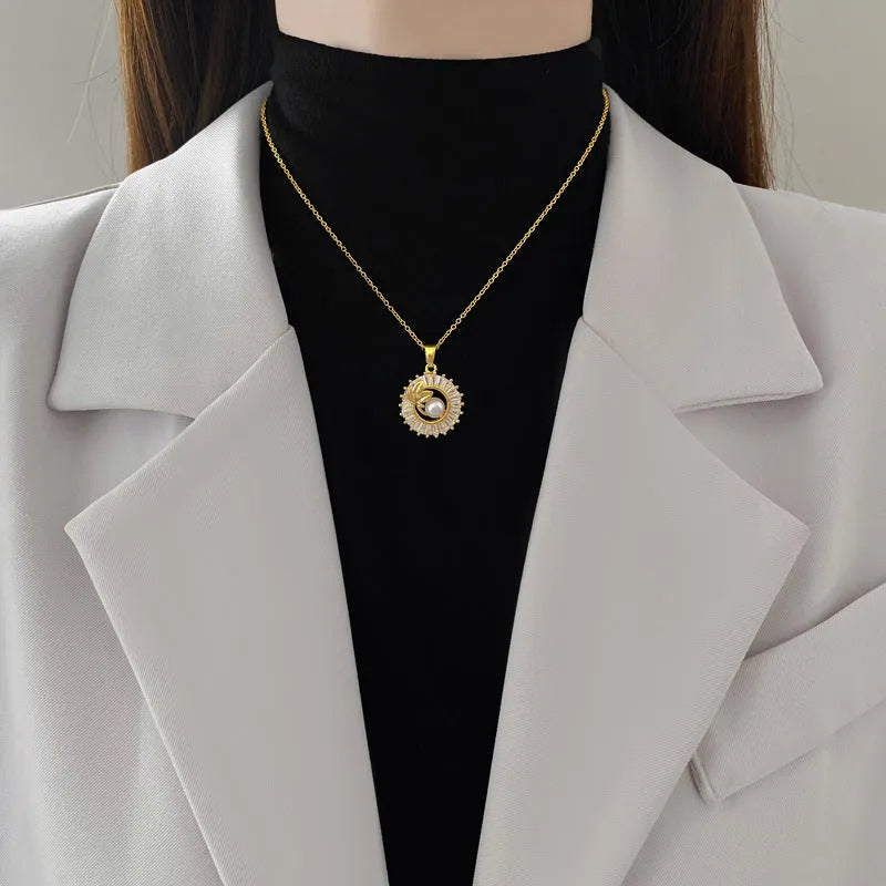 Women's titanium steel geometric jewellery set with copper pendant necklace and gold-plated earrings