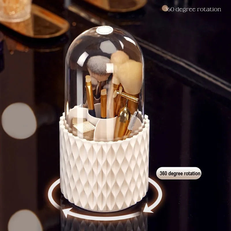 White acrylic rotating makeup brush storage holder with transparent lid and split compartments