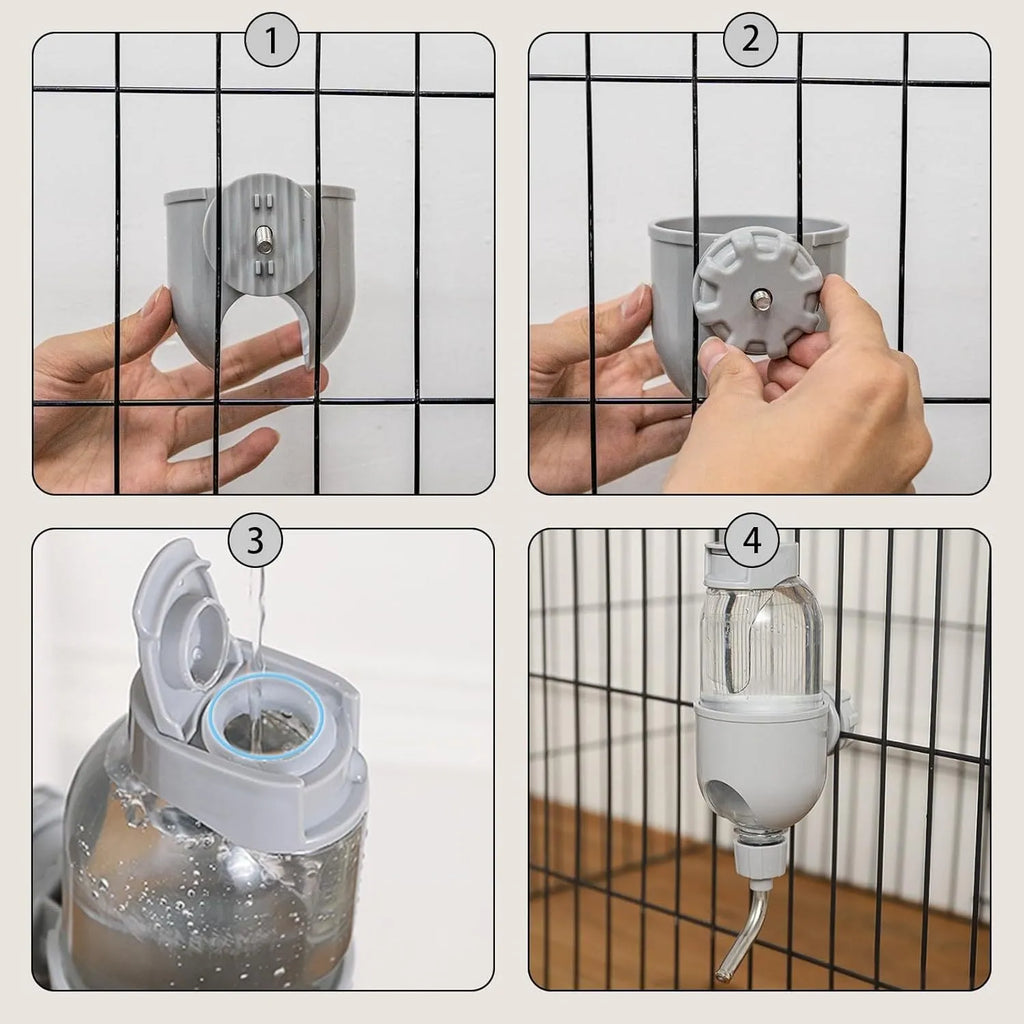 Blue small animal cage water bottle with rotatable nozzle and stainless steel drinking valve.