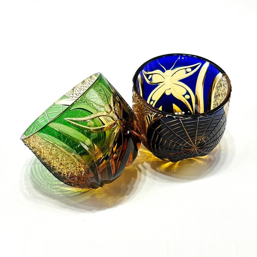 Handmade crystal glass spider wine glass with retro cobweb design, 55x50mm, in blue, green, or purple.